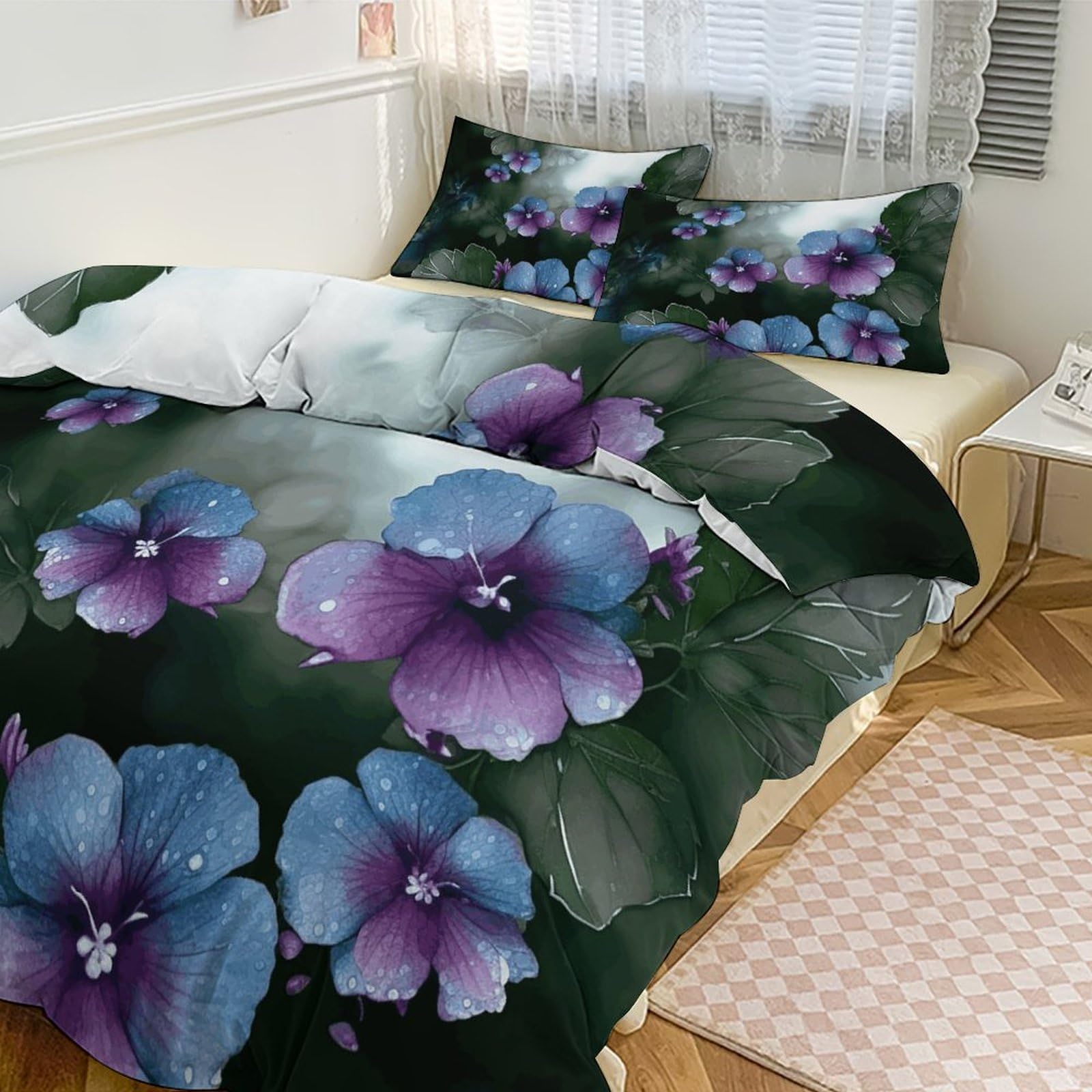 Housse de couette 200x230 cm fleurs bleues avec 2 taies d'oreiller en microfibre