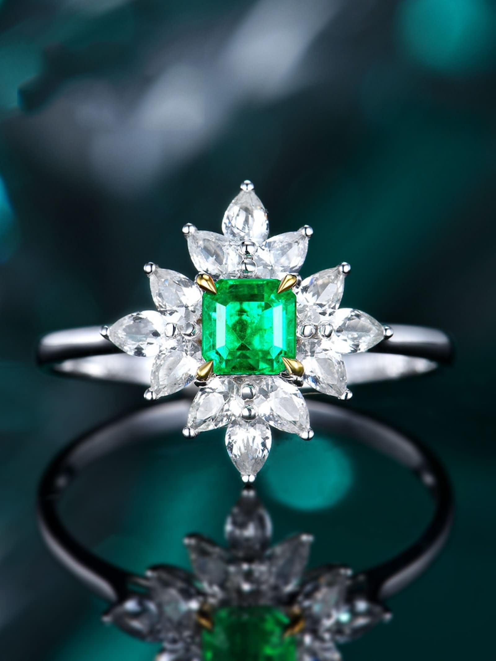 Damskie pierścionki z białego złota 9K / 14K / 18K, kwiat i kwadrat ze szmaragdem 0,47ct i diamentem, pierścionek zaręczynowy damski zielony srebrny