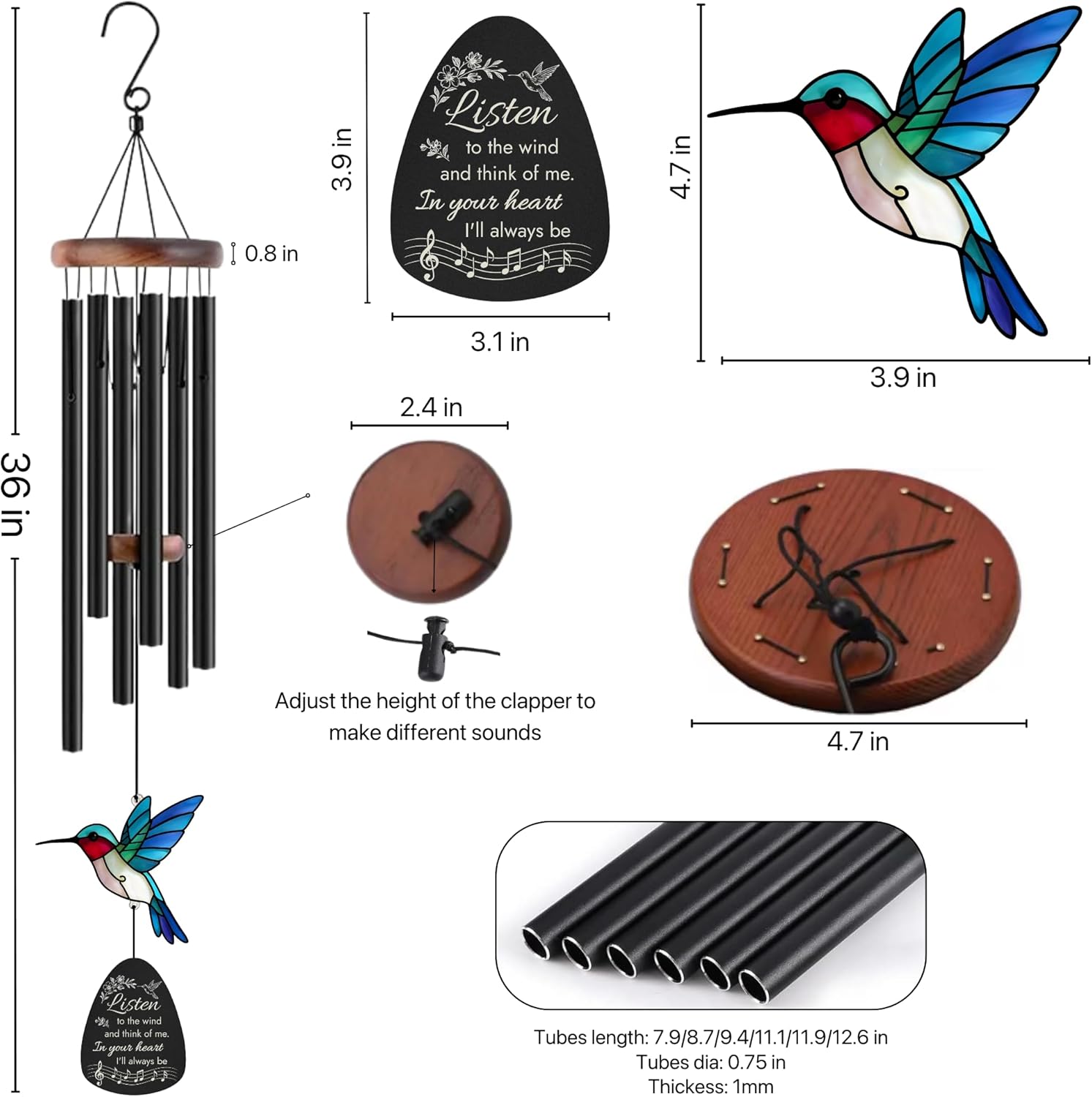 Sympathy Wind Chimes for Loss of Loved One, Memorial Gifts for Loss of Mother/Dad/Husband - Hummingbird Wind Chimes for Outside with Mute Option, in Memory of Loved One Gifts, Bereavement Wind Chimes