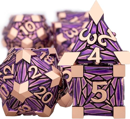 Miniatura 2 de Juego de 7 dados de metal para DND con caja, dados D20 D12 D10 D8 D8 D6 D4 de color morado para usar con juegos de mesa D&D, juego de rol poliédricos