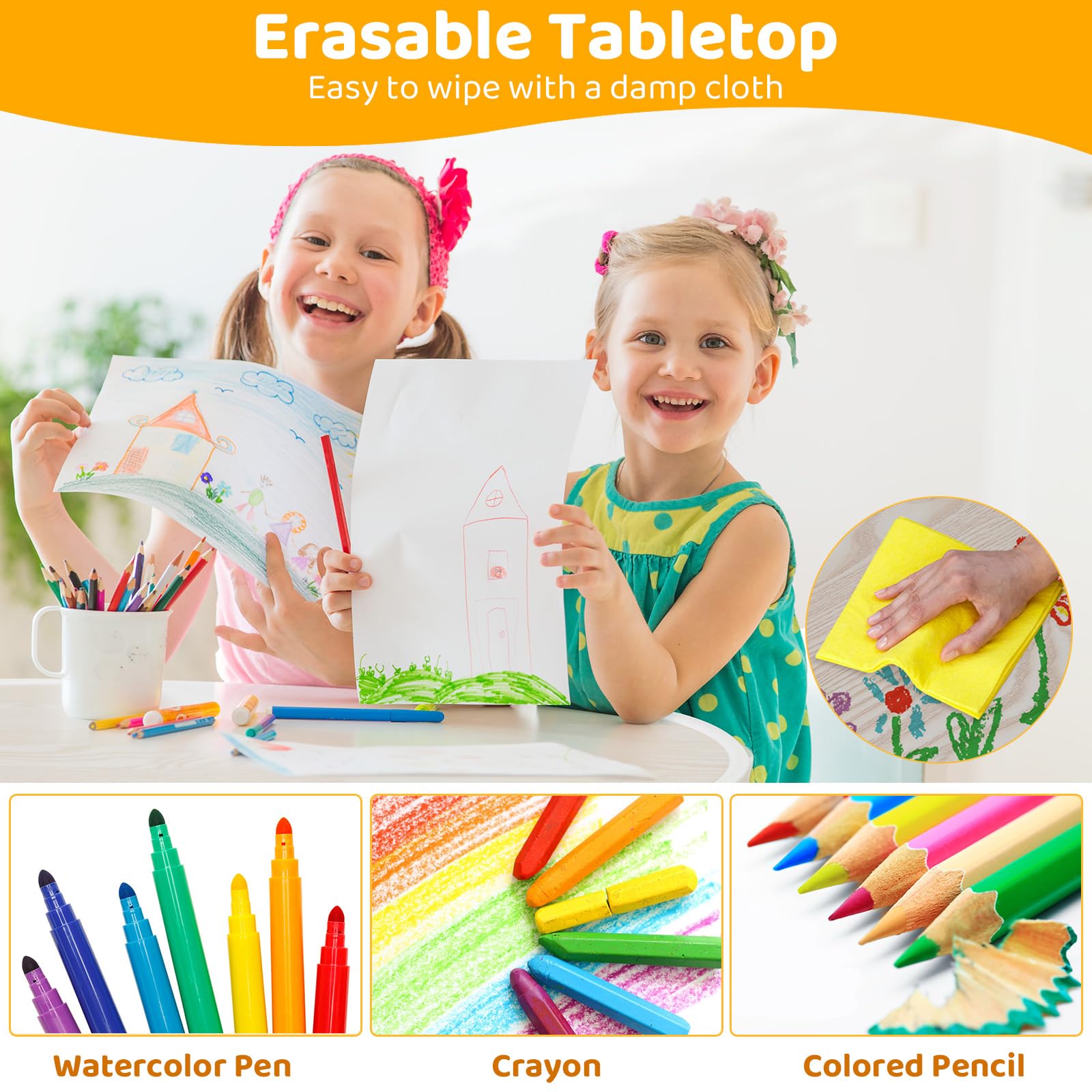 Clevich Kindertisch mit 2 Stühlen, Kinder Tisch Stuhl Set Höhenverstellbar, Multifunktionaler Kindersitzgruppe, Maltisch für Klassenzimmer Kindergärten Kindertisch und Stuhlset für Essen Spielen Gelb