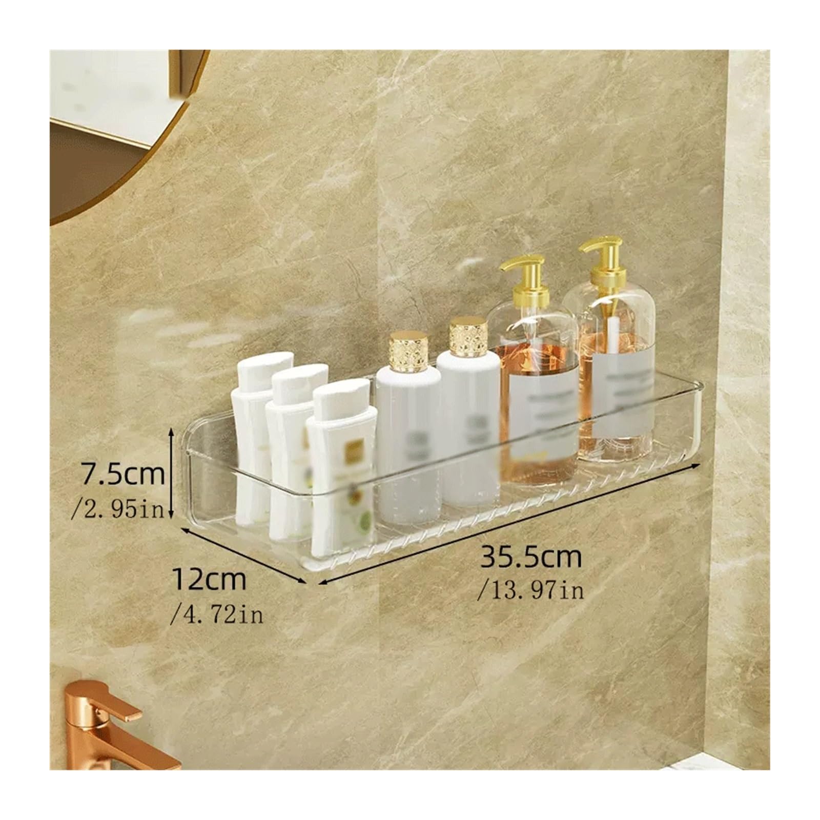 Estante de almacenamiento de pared de plástico de doble capa para cosméticos, artículos de tocador y suministros que no necesitan ser perforados en la pared (transparente)