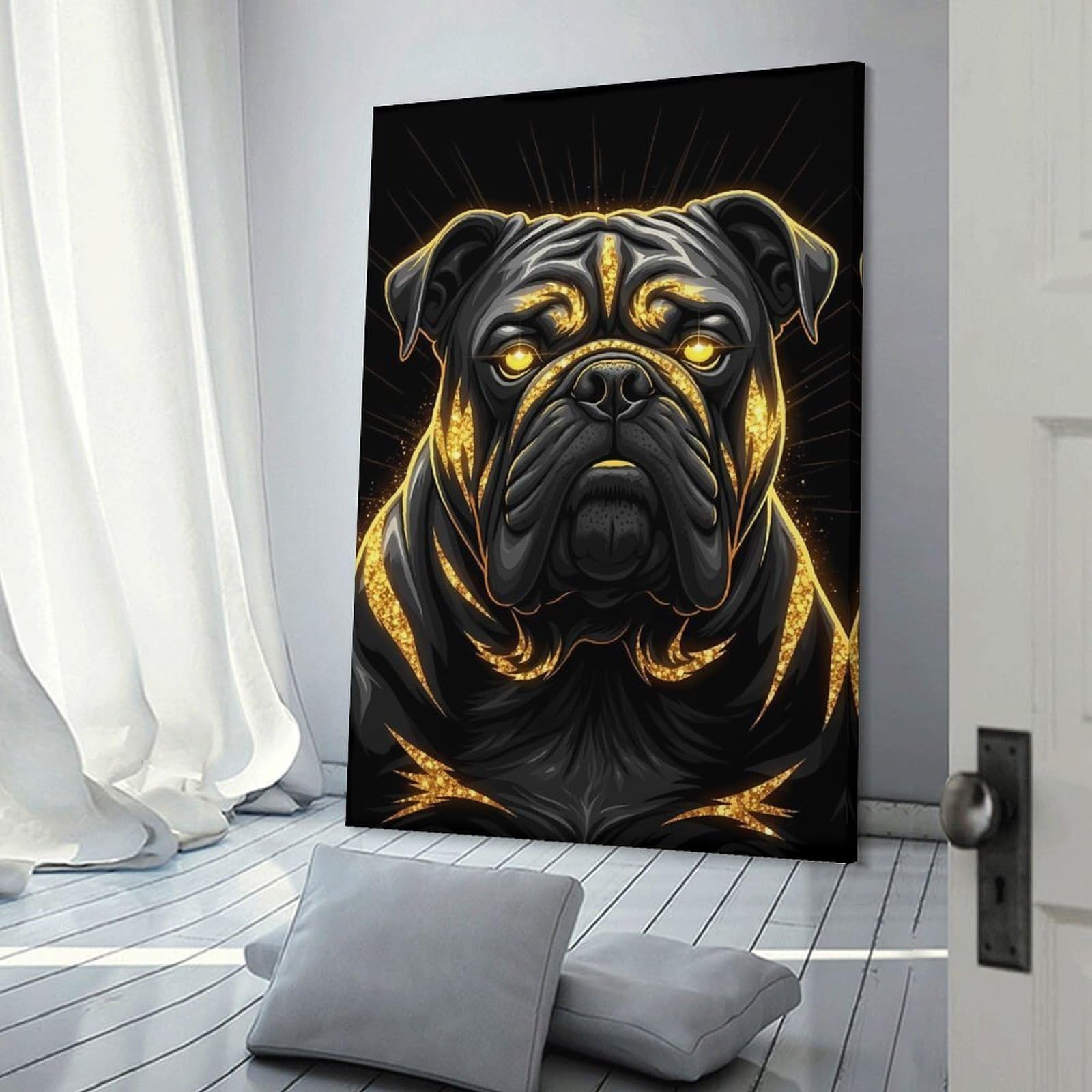 Junmoney Frame-Style-17 Golden Bulldog Portrait On Black Background Wall Decor Canvas Print, 20X30inch(50X75cm), For Flats, Guest Rooms Or Compact Rooms, A Simple Refresh For Blank Walls
