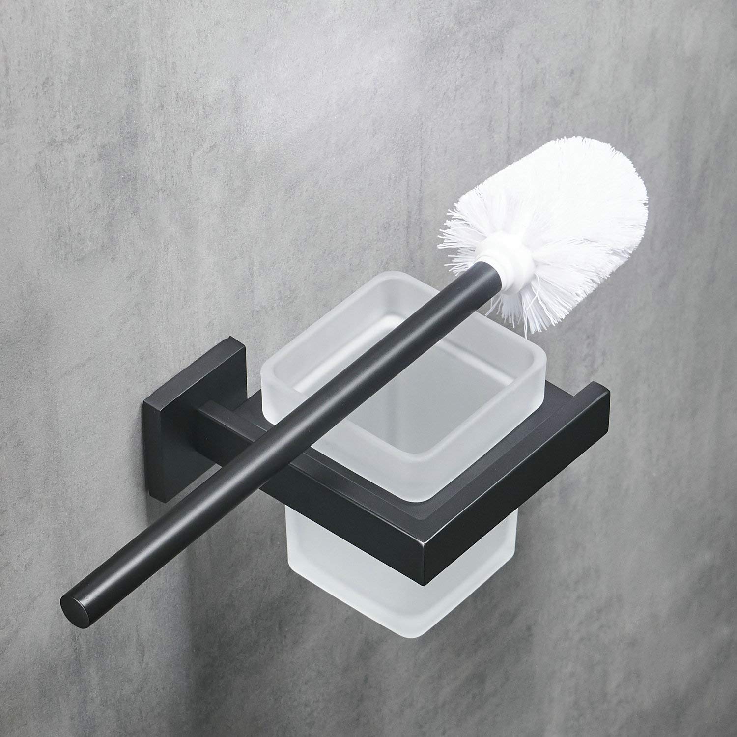 Cepillo WC y Soporte de Pared con Soporte, Negro, Acero Inoxidable 304 y Vidrio Mate para baño