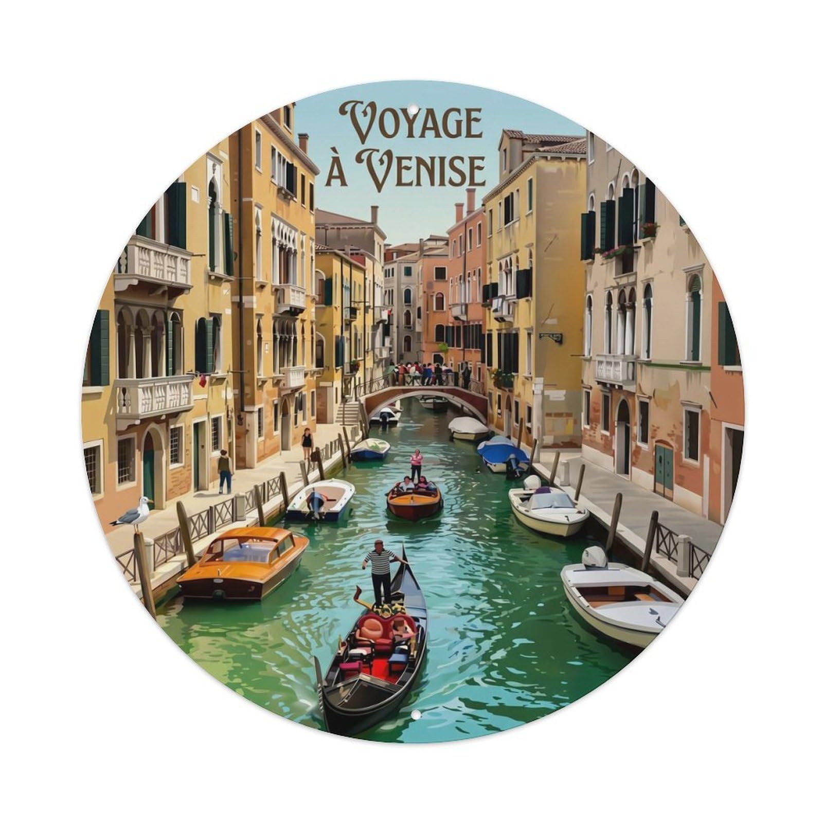 Venezia Lagoon Canal Gondola Retro Travel Cityscape Nostalgic Metal Tin Sign Plaque Wall Decor for Cafe, Man Cave, Club Bar, Office, Home Garden Round Metal Poster 8x8Inch