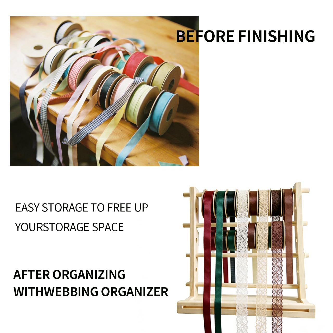 38 cm organizer do majsterkowania wyposażony w uchwyty na wstążkę i szpule, zdolny do przechowywania rolek tiulowych, taśm, nici do szydełkowania i materiałów z siatki wieńca