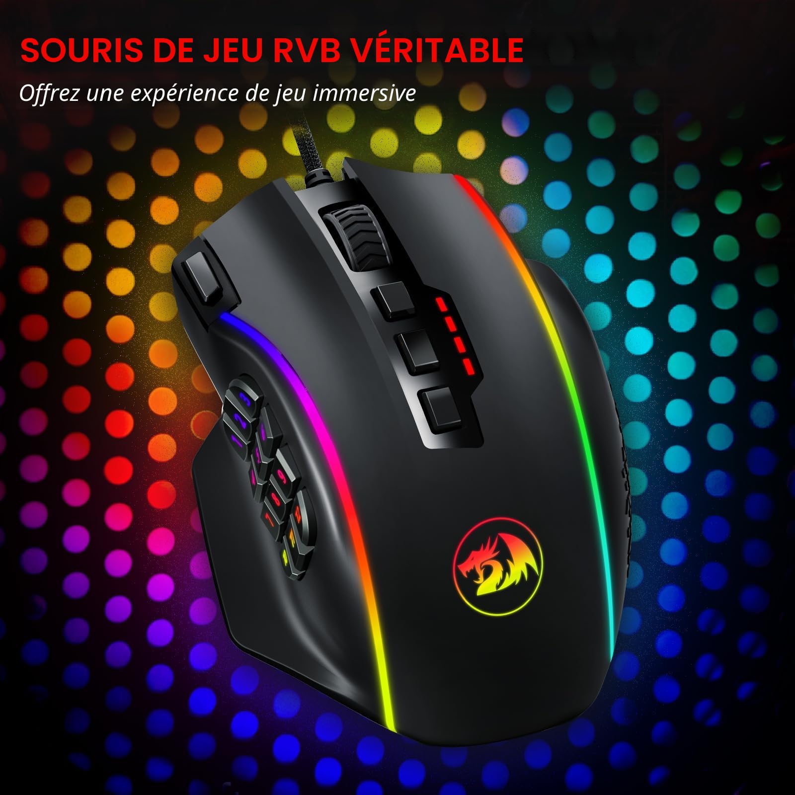 Redragon Souris de jeu MMO 16 000 DPI, 16 boutons macro programmables, RVB 12 boutons latéraux, 8 x 2,4 g réglage poids PC, ordinateur portable, MOBA FPS, M901K