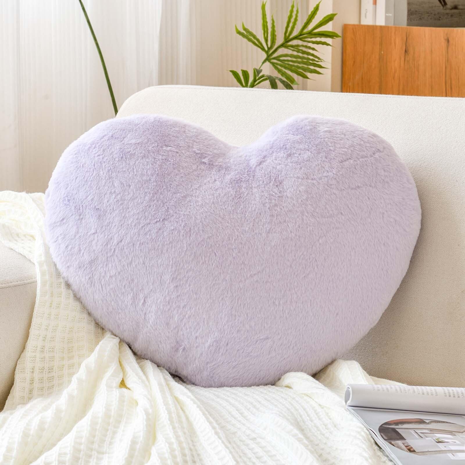Heart Pillow, Soft Heart Shaped Pillow, Cute Faux Rabbit Fur Room Decorative Throw Pillow, Lavender 19.6"x15.7" Heart Plush Cushion for Couch Bed Kid Girls Women Valentine's Day Gift