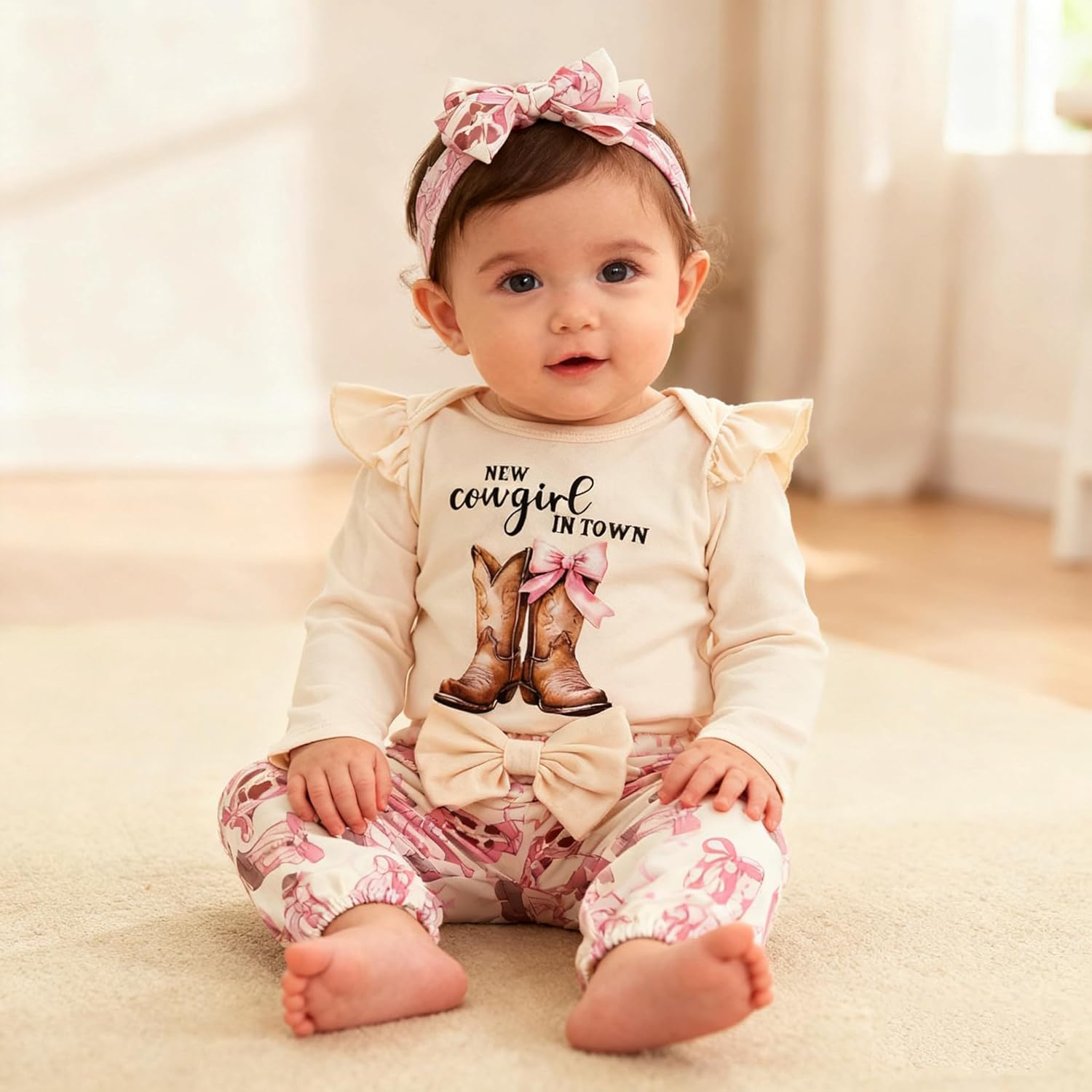 Western Baby Girl Clothes Horse/Boots Print Long Sleeve Romper + Pants + Headband Newborn Infant Cute 3PCS Set - Image 2