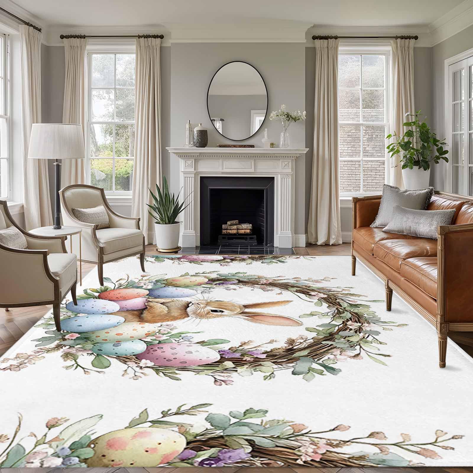 Bunny Easter Area Rug 5x8 Washable Rug Non Slip Spring Floral Botanical Wreath Eggs Large Area Rug Soft Stainresistant Indoor Floor Carpet for Living Room Bedroom Home Office Dining Room Nursery