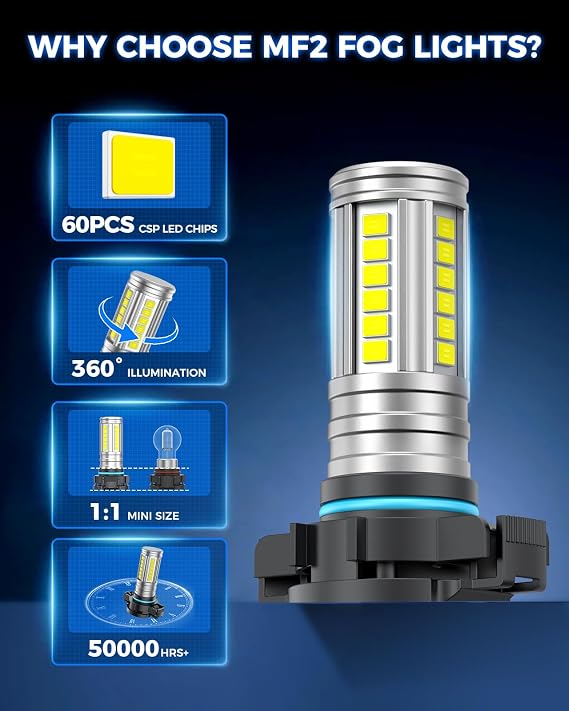 Marsauto 5201 5202 LED Fog Light Bulbs, 12,000LM PS24W LED Fog Light Bulbs, 360 Illumination 6500K Strong Penetration, 1:1 Mini Size Upgraded 60 Pcs Chips 5202 Fog Light Bulb, Accessory Light Kits