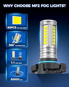Marsauto 5201 5202 LED Fog Light Bulbs, 12,000LM PS24W LED Fog Light Bulbs, 360 Illumination 6500K Strong Penetration, 1:1 Mini Size Upgraded 60 Pcs Chips 5202 Fog Light Bulb, Accessory Light Kits