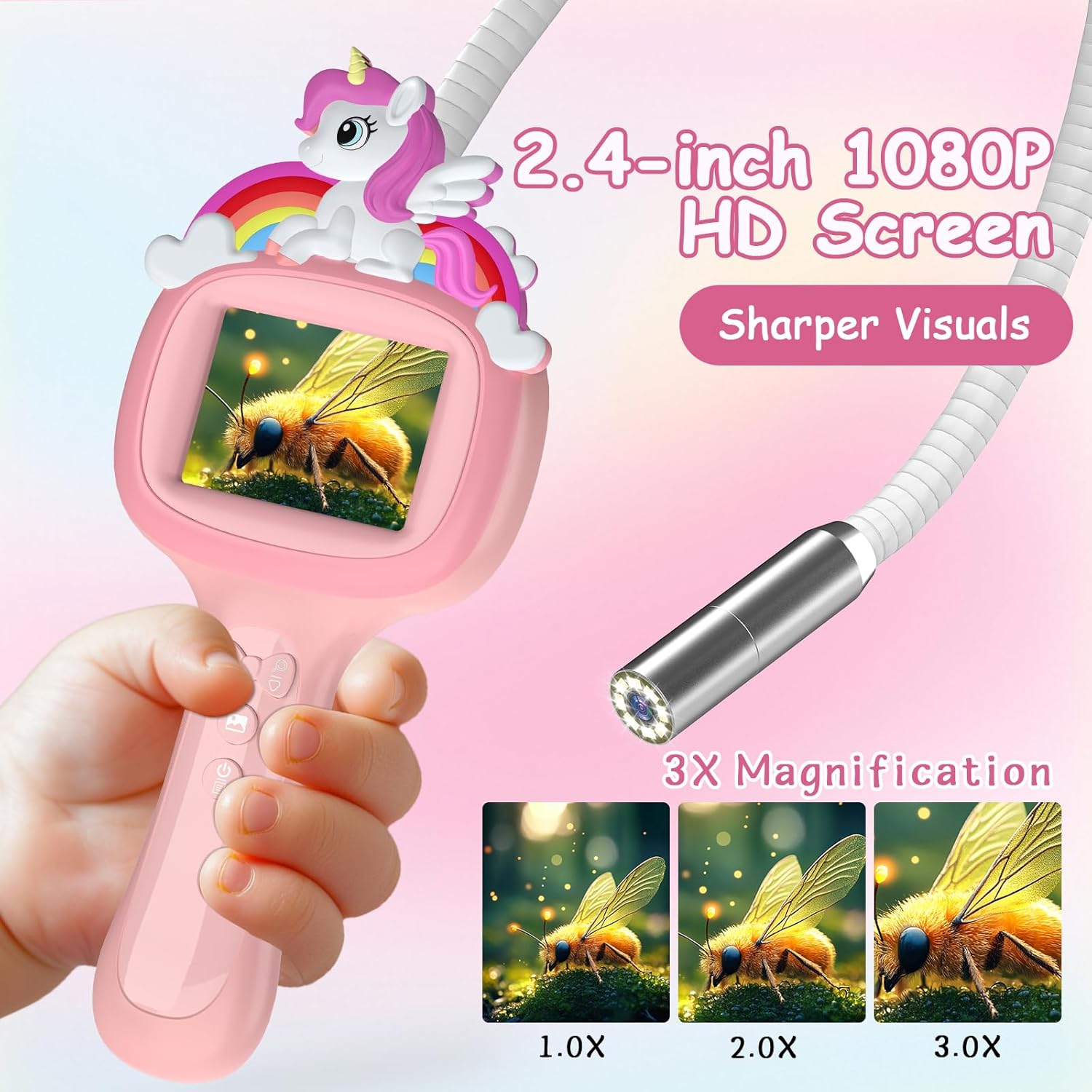 Borescope Camera with Light, 1920P HD Unicorn Endoscope STEM Science Educational Toys, Best Birthday Gift for Outdoor Adventures, Nature Activities (Pink)