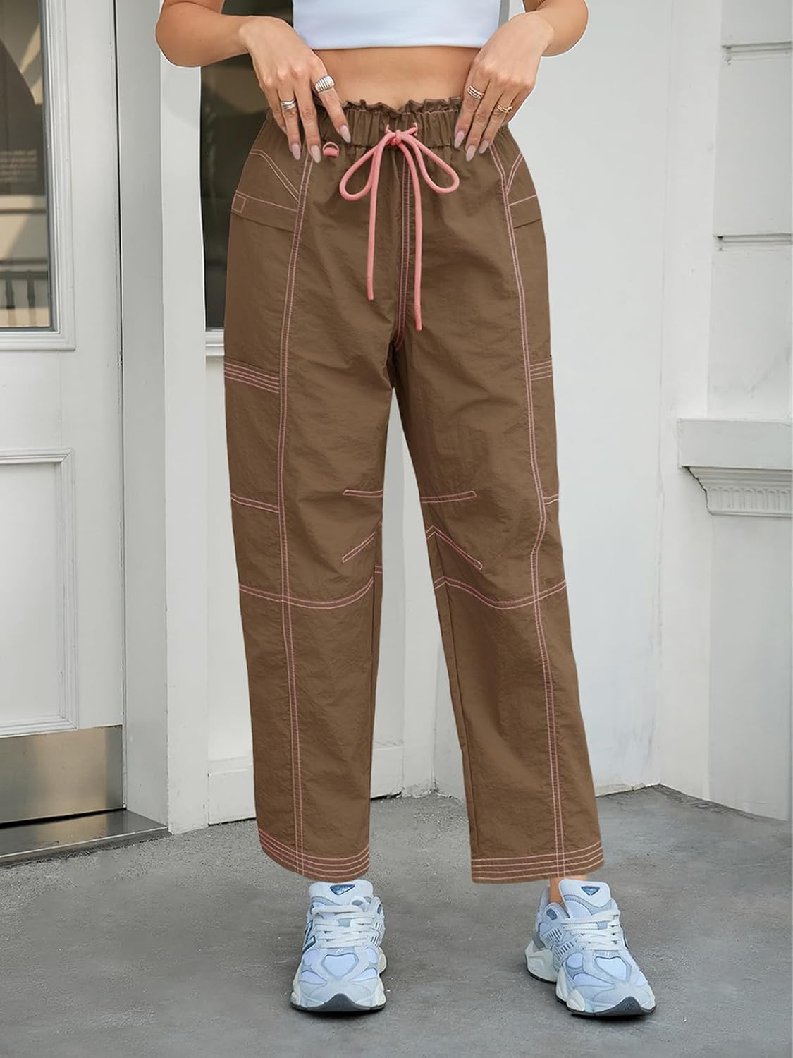 Fisoew Womens Baggy Cargo Pants Drawstring Elastic Waist Track Pants Loose Trousers Barrel Sweatpants with Pockets Brown - Image 2