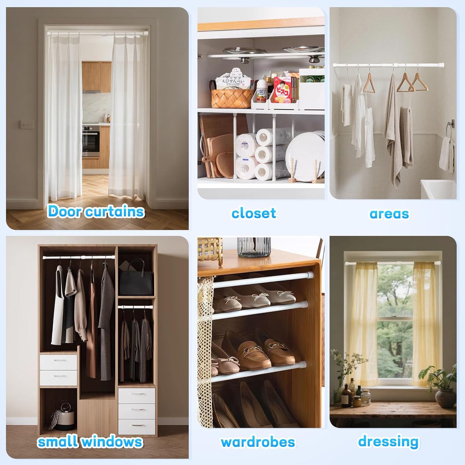 2 Pack White Shower Curtain Tension Rods, 53-98 Inches Adjustable Spring Loaded Curtain Rod, No Drill Anti-Slip Heavy Duty Tension Rod for Bathroom, Windows, Kitchen, Closet, Doorway