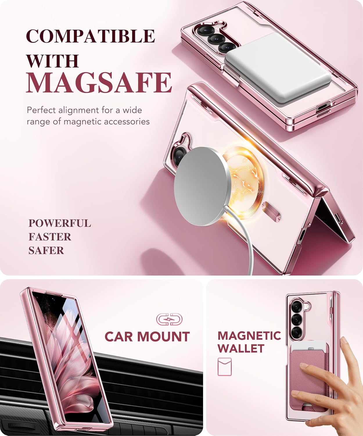 BERFY for Galaxy Z Fold 7 Case, Compatible with Magsafe, Built-in Screen Protector & Hinge Protection, Clear Plating Design Full-Body Slim Shockproof Protective Phone Case for Samsung Z Fold 7, Pink - Image 5