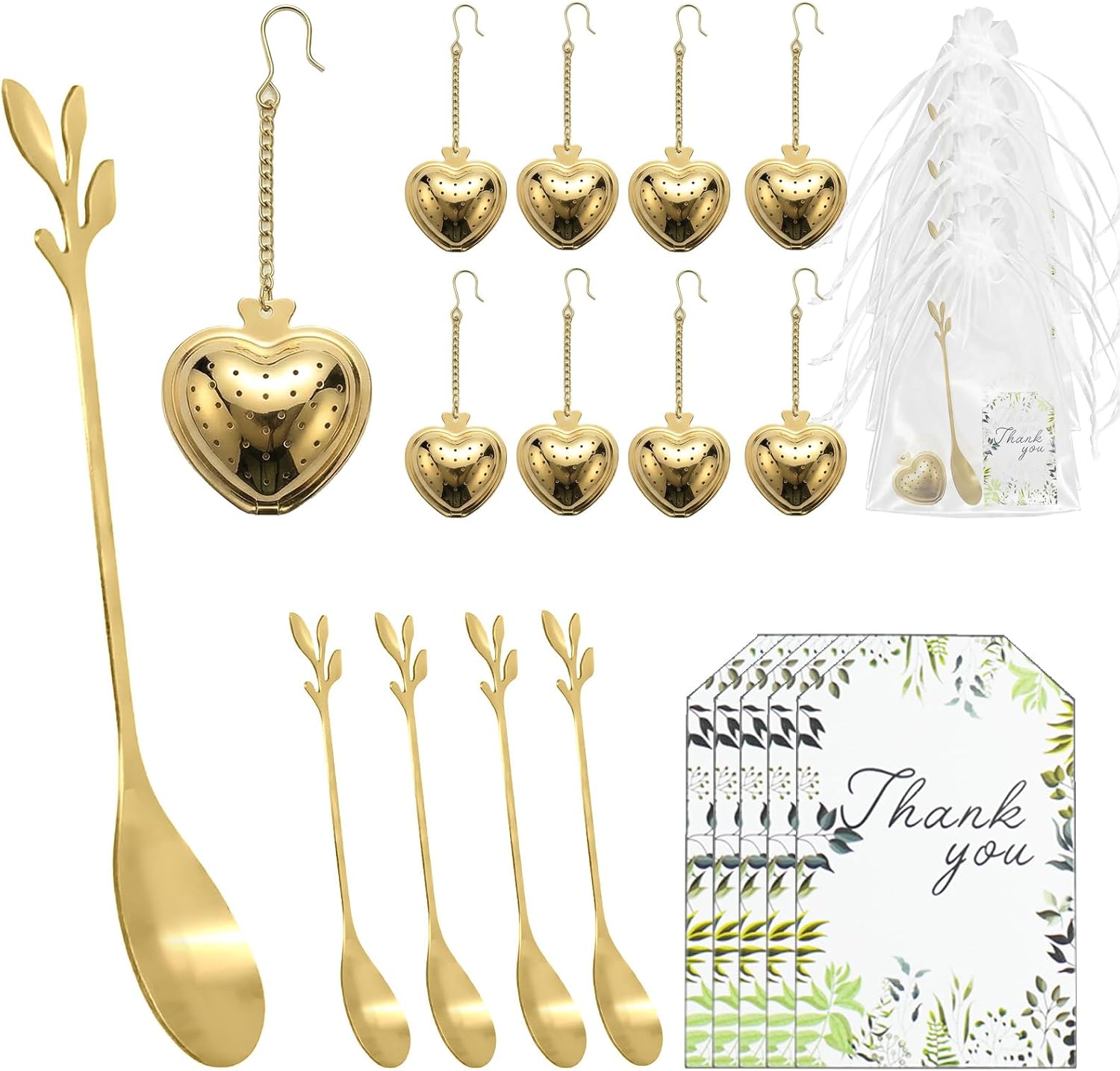 30 Sets Bridal Shower Tea Party Favor Include Organza Bag Thank You Card Heart Shape Infuser Ball Leaf Tea Spoon for Guest Wedding Souvenir Gift(Gold)