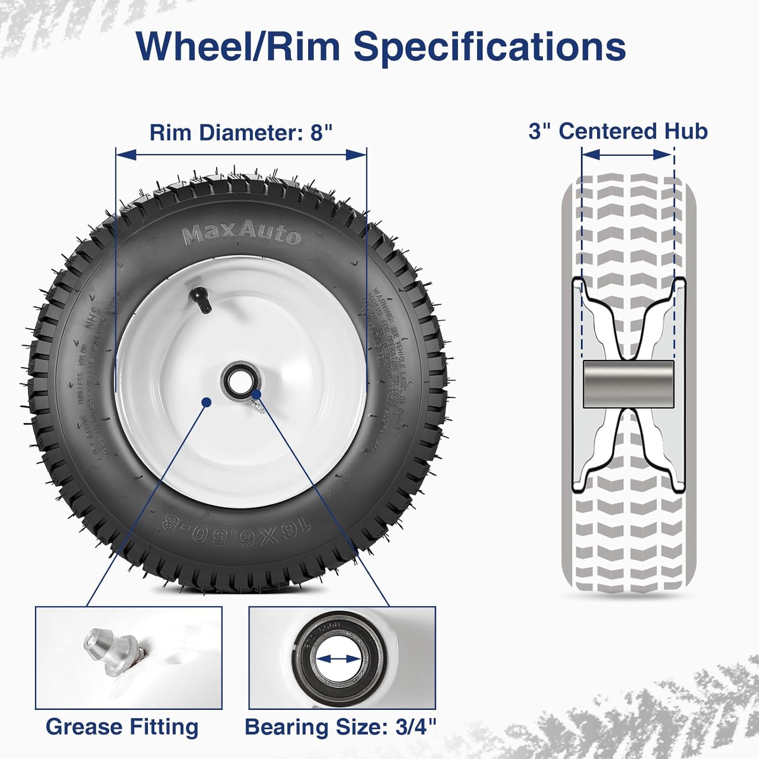 MaxAuto 16x6.50-8 Lawn Mower Tires with Rim, 16x6.5-8 Tractor Turf Tire Replacement for Craftsman/John Deere Riding Mowers Garden Tractor Tires, 3" Centered Hub, 3/4" Bearing, Tubeless
