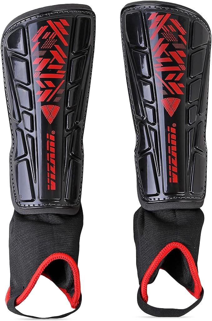 Vizari Malaga Football Shin Guards - Adult & Kids Shin Pads With Superior Ankle Support - Non-Slip Adjustable Straps For Men & Women, Black/RED โ image 1