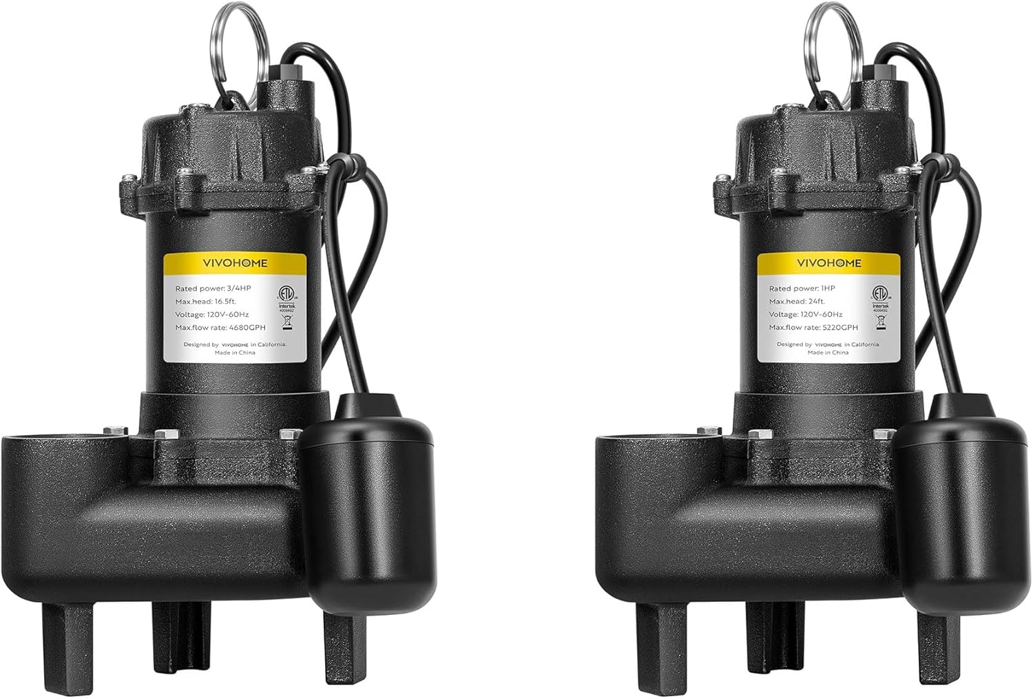 VIVOHOME 3/4 HP Submersible Cast Iron Sewage/Effluent Pump with 1 HP Submersible Cast Iron Sewage/Effluent Pump