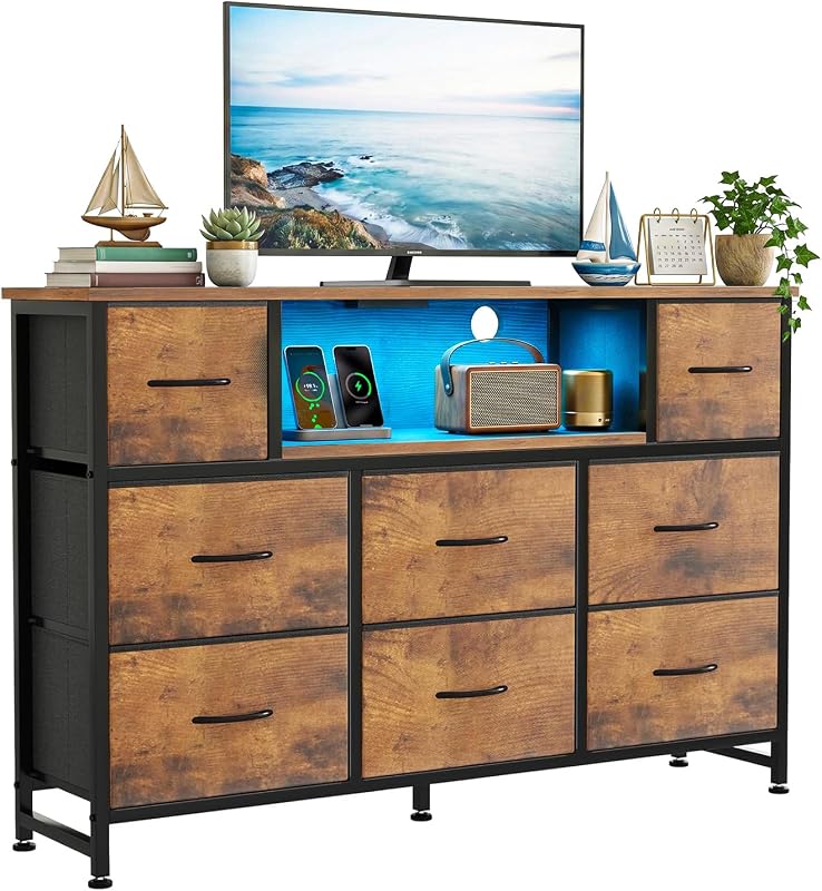 TV Stand 8 Drawers Dresser LED Entertainment Center with Charging Station