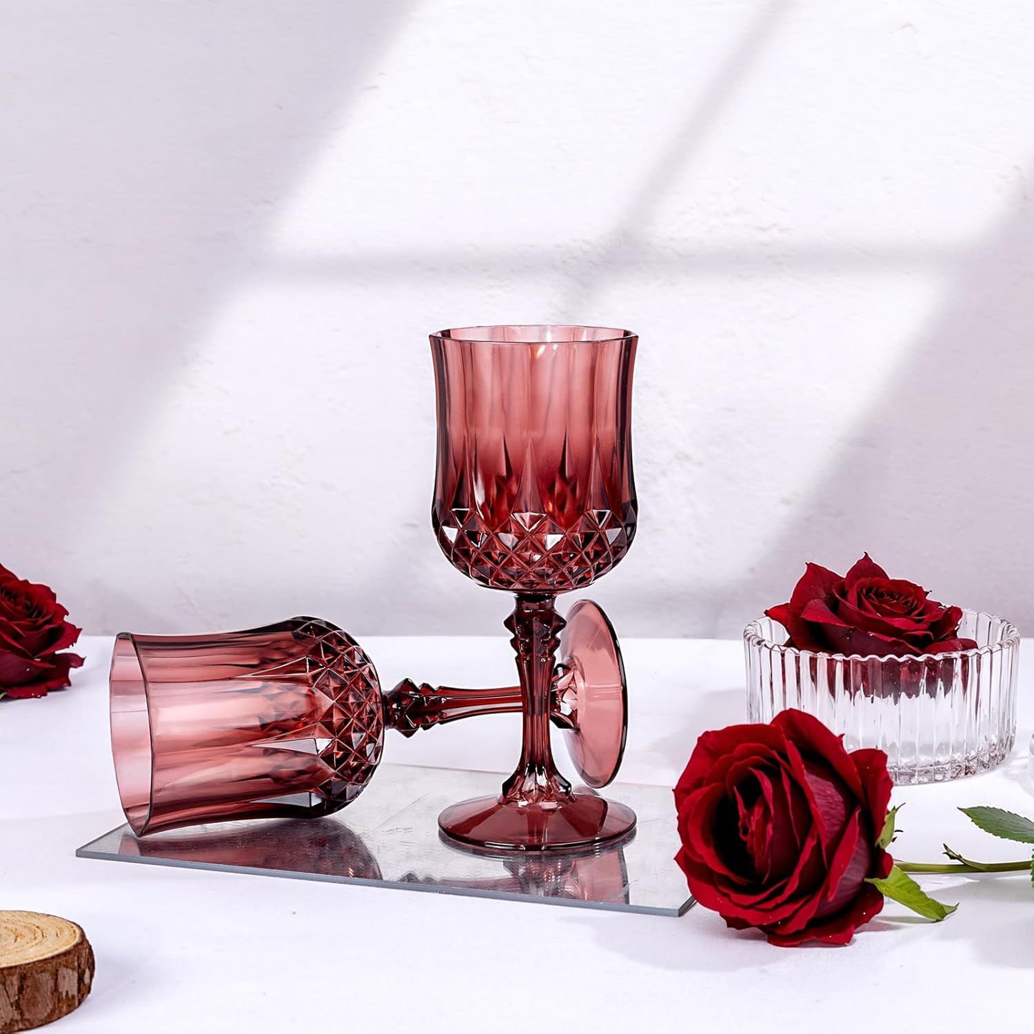 Ciaell 24PCS Burgundy Plastic Wine Glasses - 7 Oz Plastic Goblets for Party - Burgundy Vintage Drinking Glasses - Disposable Water Goblets Set for Wedding, Bar, Wine, Beer, Juice - Image 6