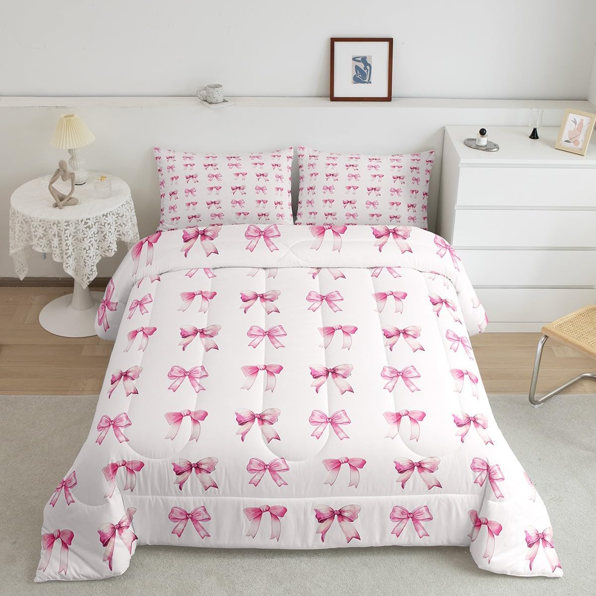 Feelyou Pink Bow Comforter Set Twin Size Kids Cute Bowknot Comforter for Boys Teens Watercolor Bow Bedding Set Breathable Girls Kawaii Bow Duvet Set Room Decor Quilt Set