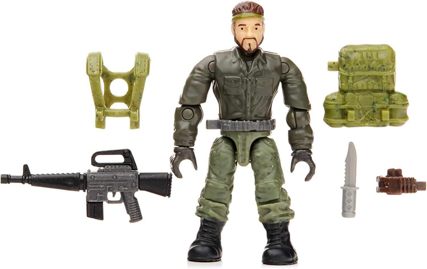 A Mega Bloks Call of Duty soldier figure with various detachable accessories including a rifle, knife, and backpack.