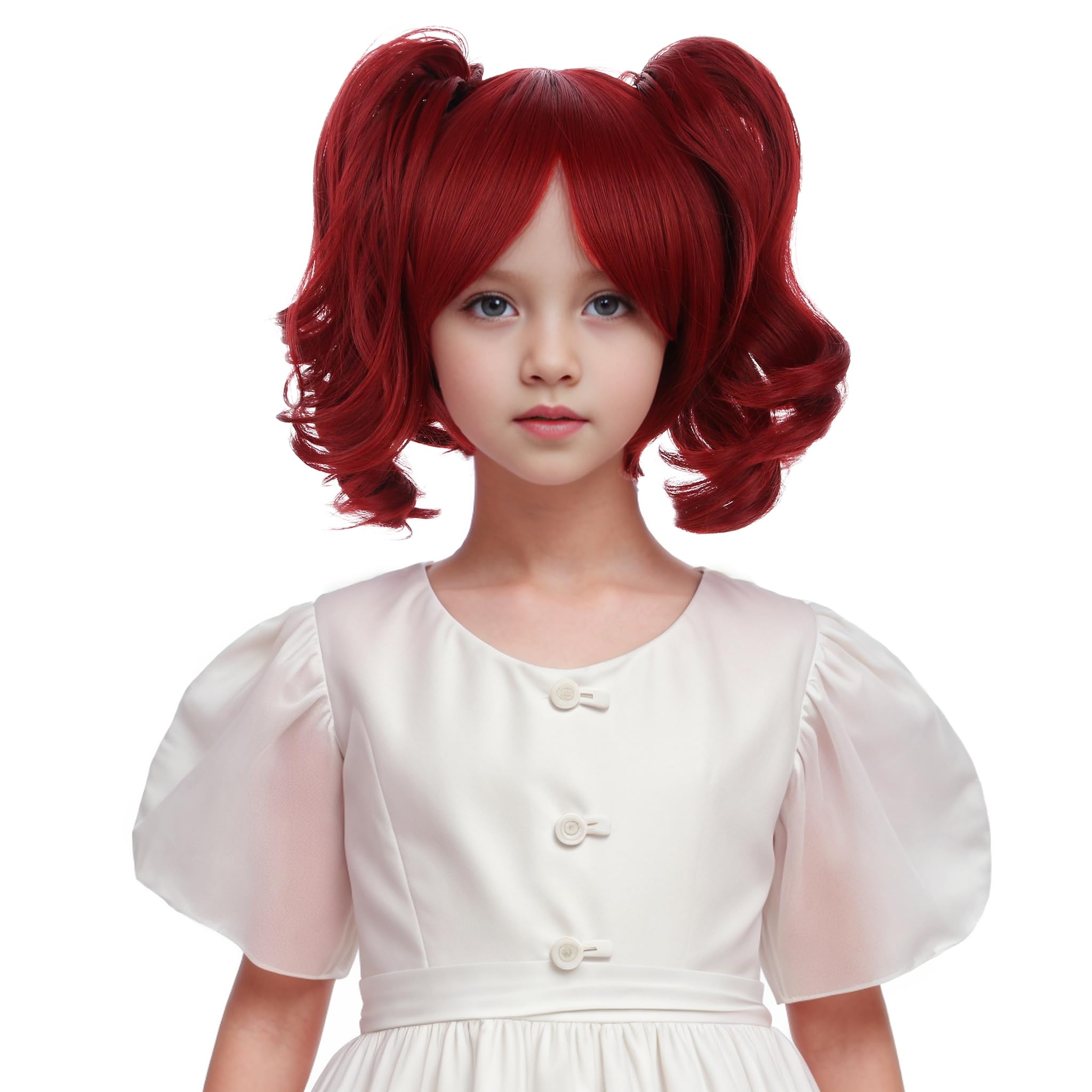 Edivd Girls Wine Red Two Ponytail Wig Kids Short Wine Red Wavy Curly Wig with Bangs Heat Resistant Synthetic Wig with Wig Cap