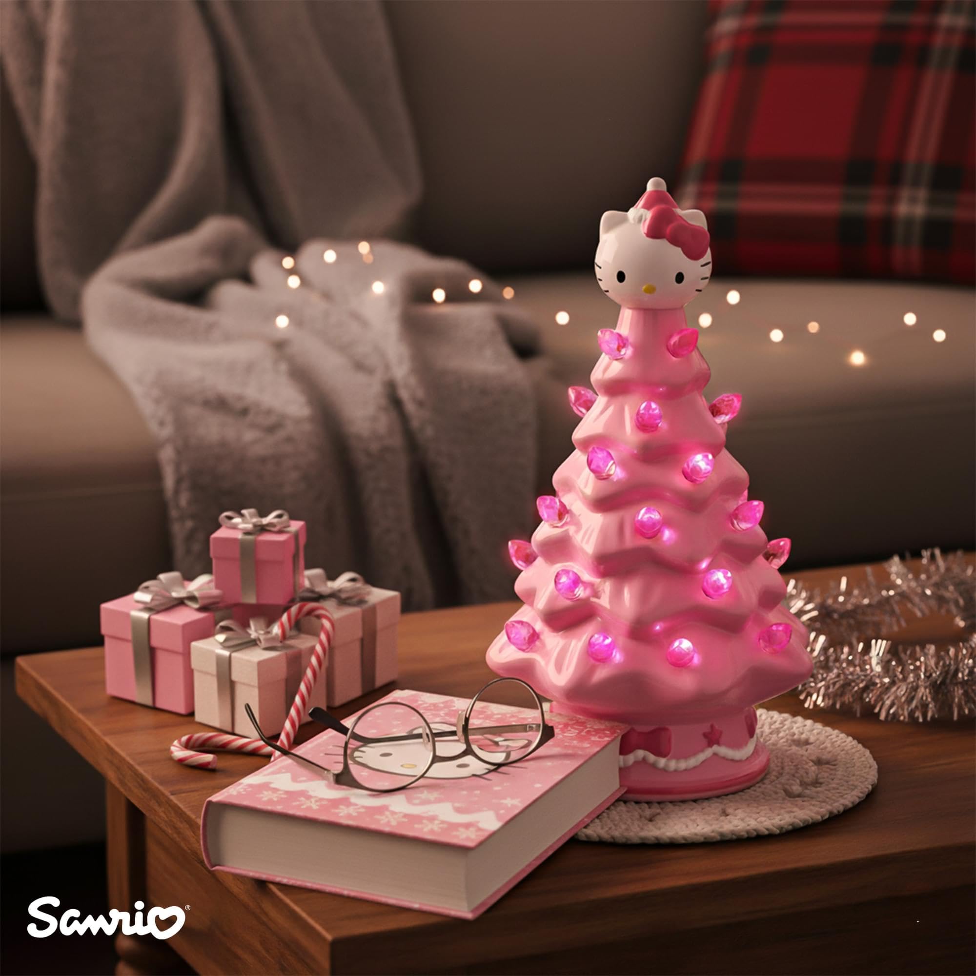 Ukonic Sanrio Hello Kitty Pink Light-Up Ceramic Christmas Tree | Battery-Powered Mood Light | 6 Inches Tall