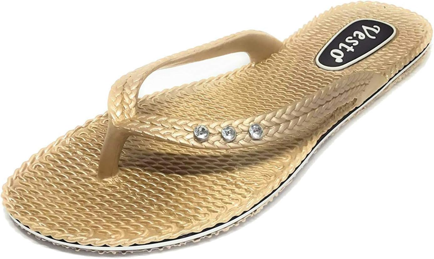 Vesto Ladies Metallic Comfort Flip Flop with Rhinestone 5-6 B(M) US Gold