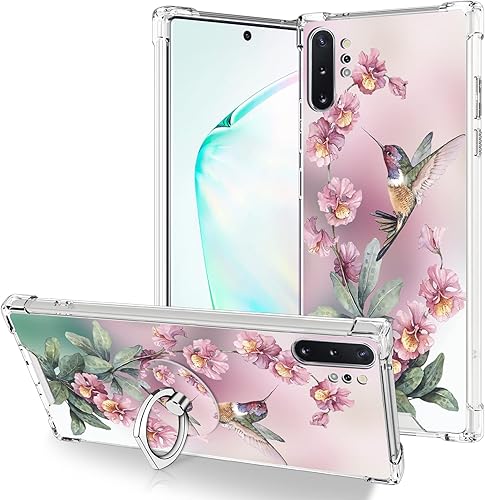 OOK Funda transparente compatible con Samsung Galaxy Note 10 Plus, diseño de colibrí rosa, TPU flexible, a prueba de golpes, antiarañazos, funda