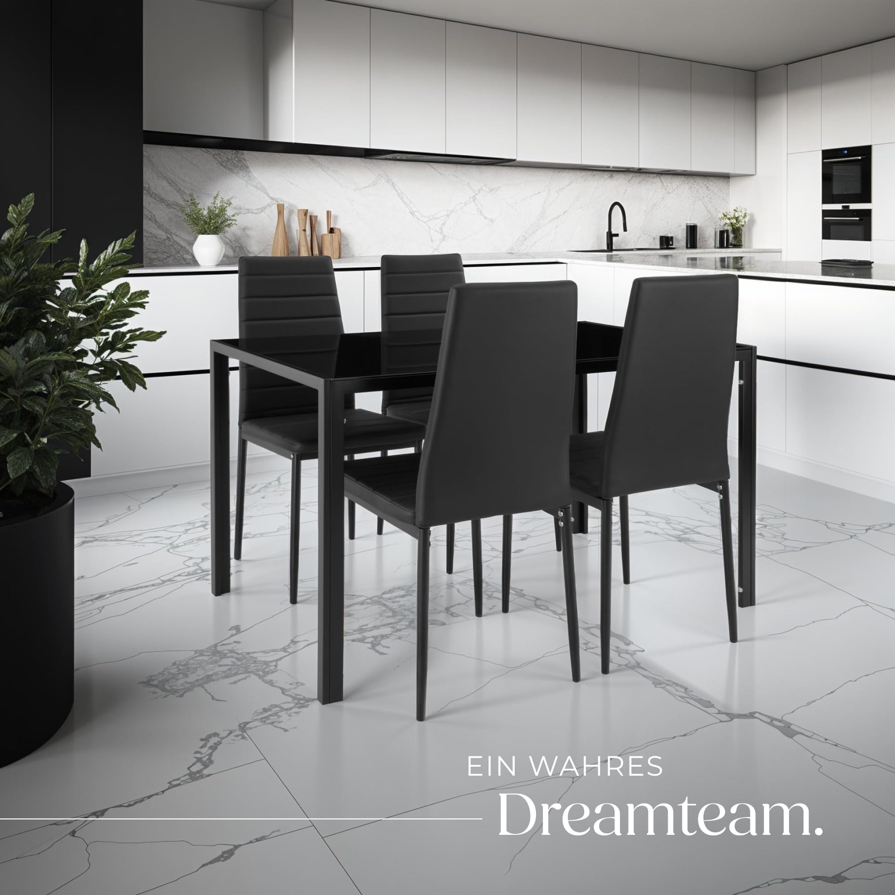 tectake Essgruppe Set Tisch und Stühle, Esstisch und 4X Stuhl, strapazierfähiges Kunstleder, Tischplatte aus Sicherheitsglas, Küchenstühle modern, Küche - schwarz