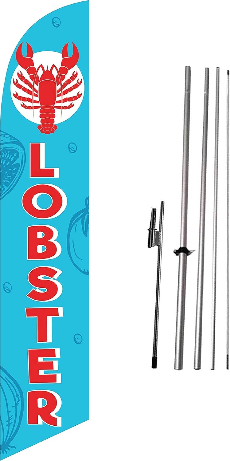 Lobster Advertising Banner Swooper Feather Flag Sign for Restaurant Eye Catching Banner Sign for Business and Marketing Complete Set with 15 ft Pole Kit and Ground Spike