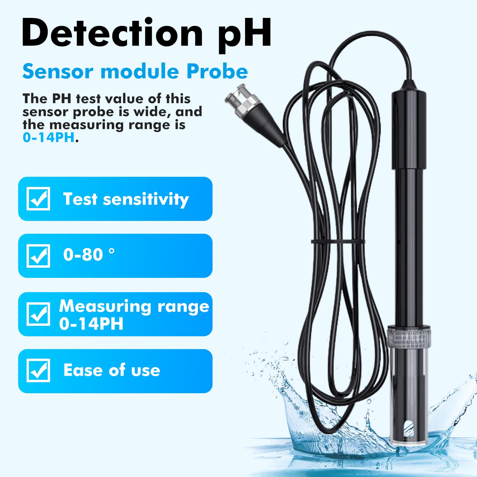 Sonde PH Piscine, 0-14 électrode PH Avec Connecteur BNC, Haut Précision Sonde De PH Remplaacble Pour PH Metre, PH Manette Testeurs PH Pour Aquarium, Piscine, Laboratoire, Hydroponie
