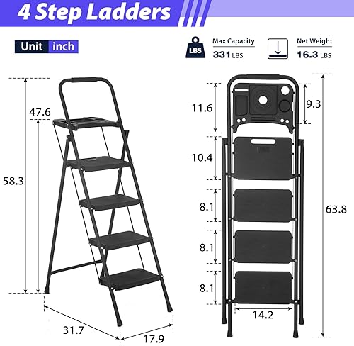 Miniatura 7 de Escalera escalonada, taburete plegable con pedal antideslizante ancho, ligero, taburete de acero portátil, perfecto para cocina y hogar, interior y