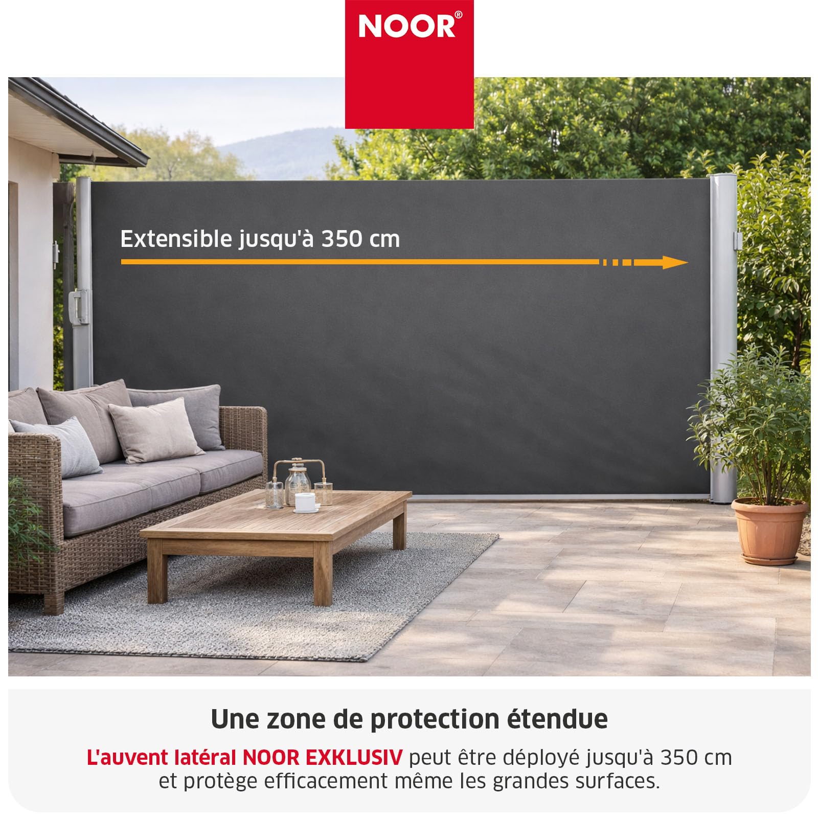 NOOR Store latéral Exklusiv 100x350 cm - Brise-Vue Extensible Anthracite | Protection opaque contre soleil et vent pour balcon, terrasse et jardin – fixations incluse, imprégné et hydrofuge