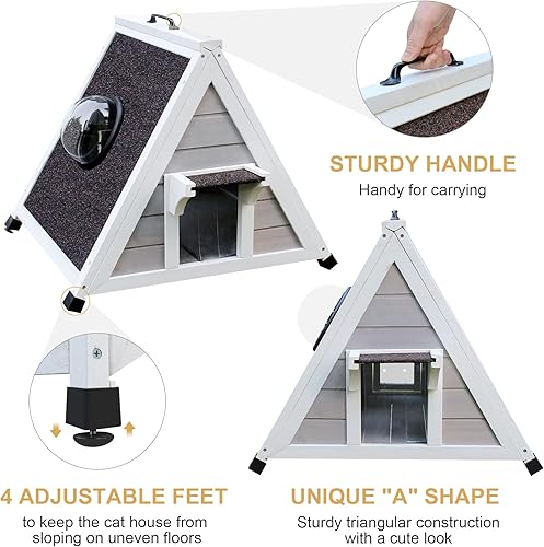 Miniatura 4 de Deblue Casa para gatos resistente a la intemperie para gatos salvajes, casa para gatos pequeños al aire libre, refugio único de madera para gatos