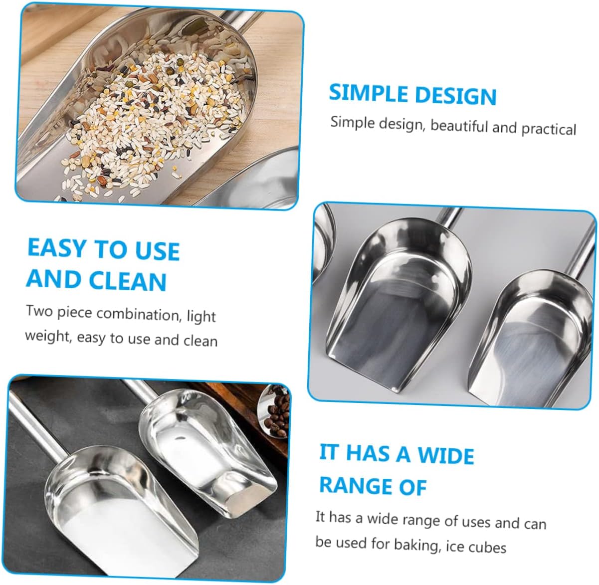 Lightweight Stainless Steel Ice Scoop for Flour Rice Popcorn Multi-purpose Kitchen Shovel with Comfortable Grip for Home Restaurant and Supermarket Use