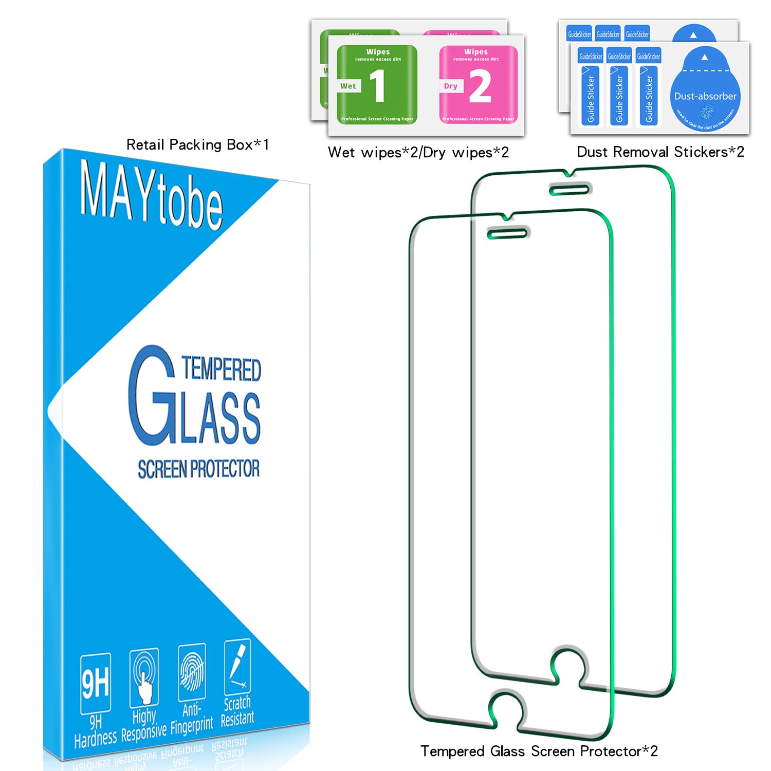 MAYtobe 2 Pezzi Vetro Temperato per iPhone SE 2020, iPhone 8, iPhone 7