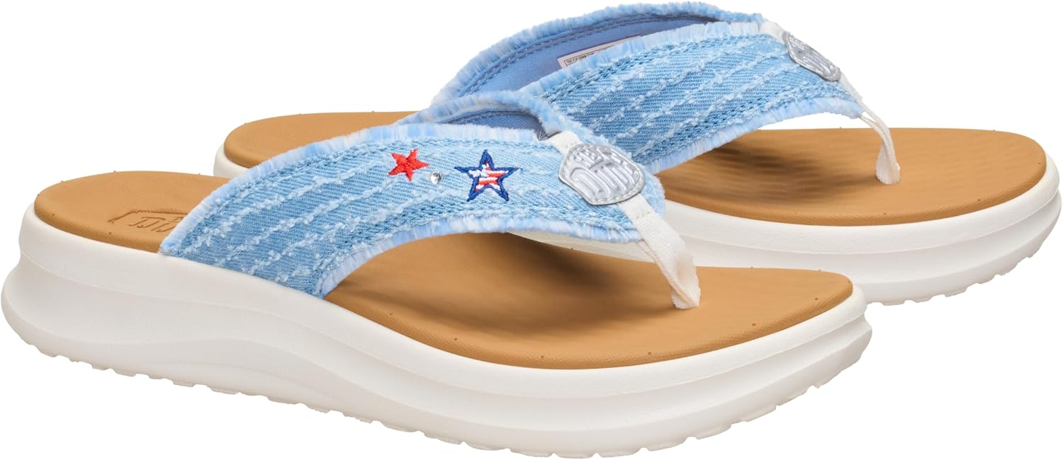 HEYDUDE Women’s Tide Flip Denim Stars Sandals | Frayed Denim Strap, EVA Footbed, Lightweight Flip Flops