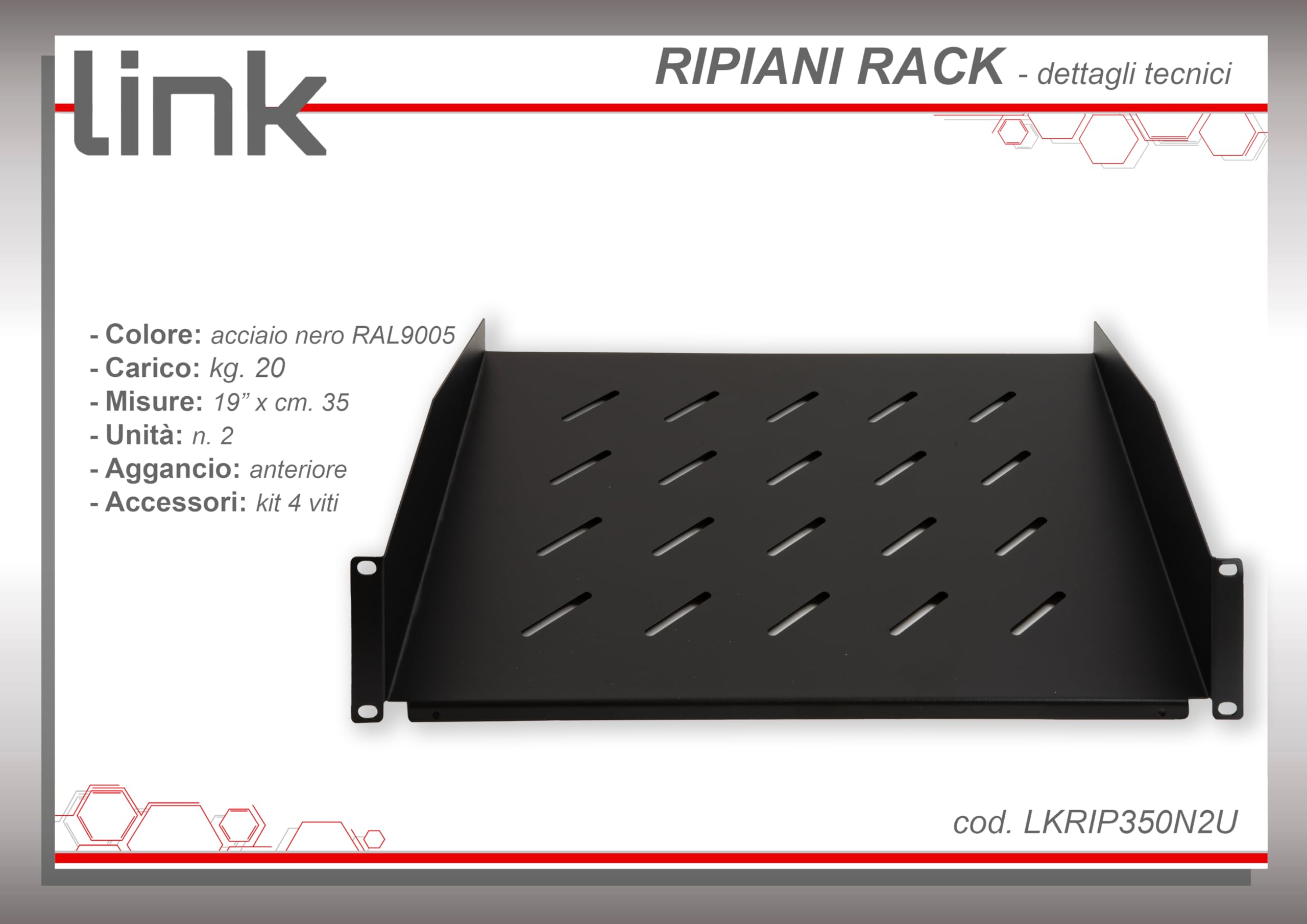 LINK LKRIP350N2U Ripiano per Armadio 19" 2U Profondità 350 mm, Nero