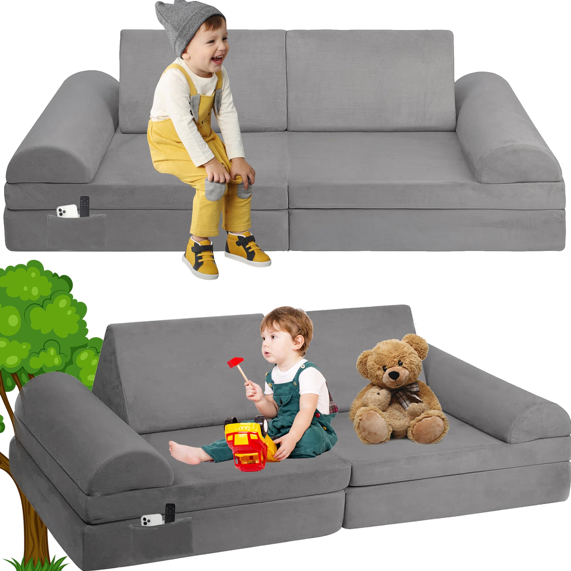 Modular Kids Play Couch,Kids Sofa for Boys & Girls with Pockets,Kids Couch Placed in Bedroom and Living Room,Large Size Foam Cushion Couch for Babies and Toddlers,Grey,Large