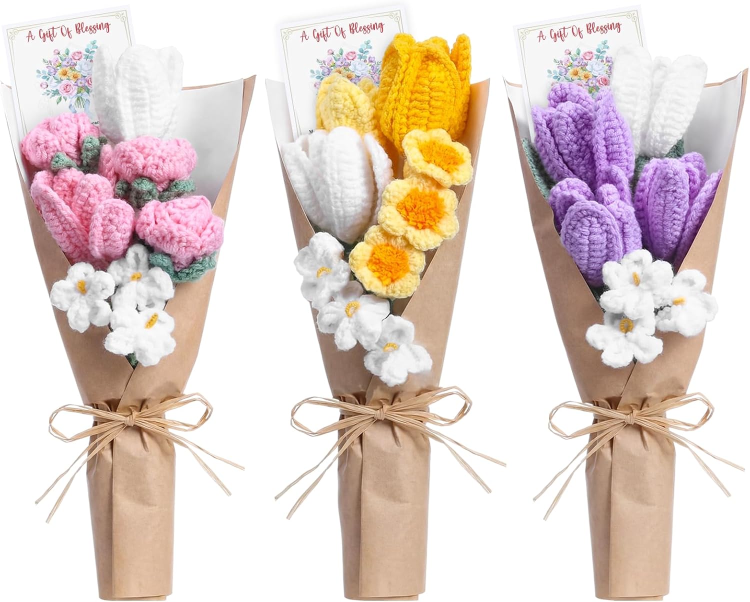 Eurzom 3 Pack Crochet Flower Bouquet with Greeting Card Handmade Crochet Tulips Preserved Flowers Bouquet Gifts Mother's Day Graduation Birthday Wedding Home Office Decor for Her