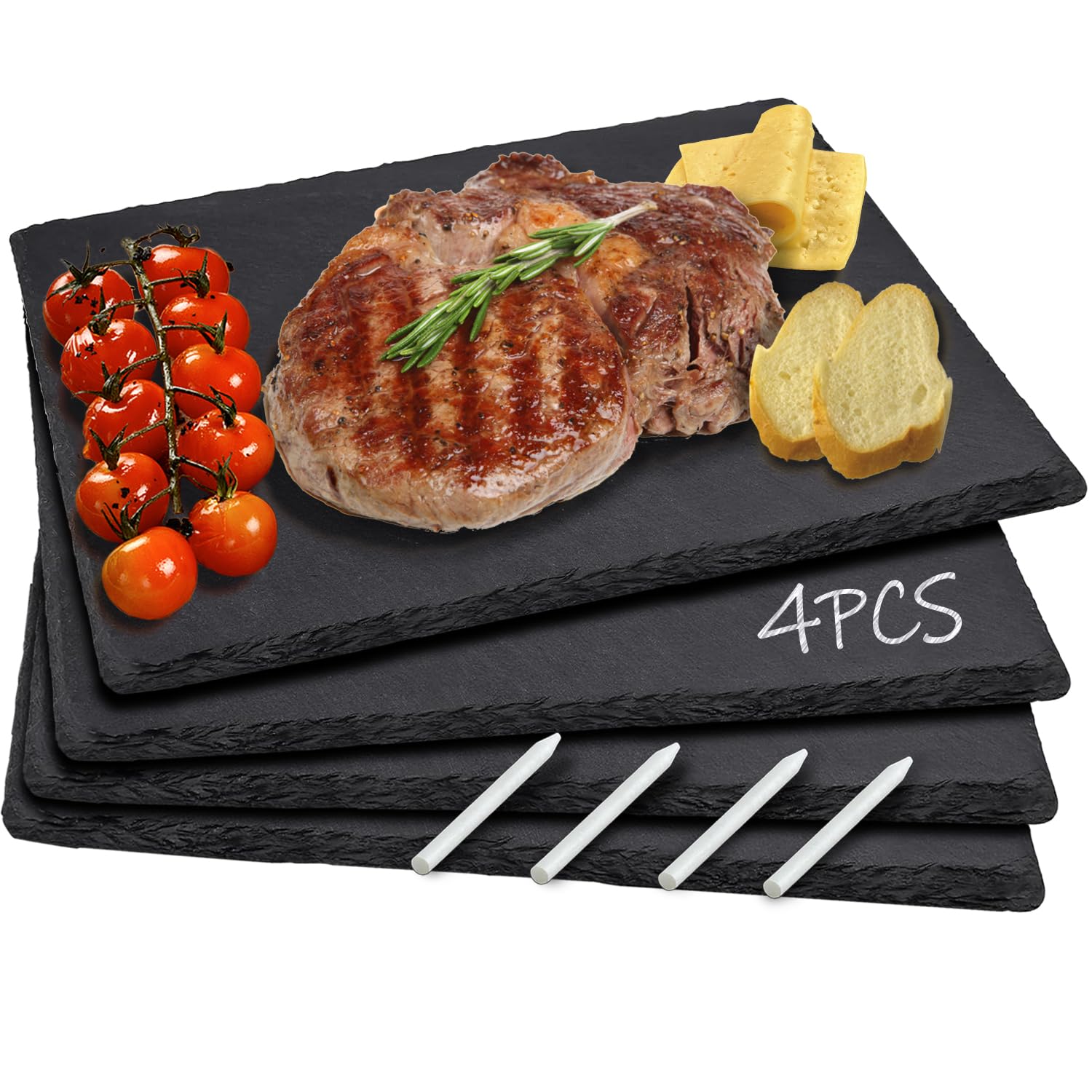 Paquete de 4 tablas de queso de pizarra negra de 12 x 10 pulgadas, bandeja rectangular de piedra natural con 4 tizas de piedra para servir alimentos, carnes, frutas, aperitivos