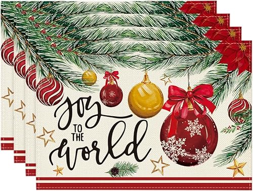 Miniatura 1 de Artoid Mode Joy to The World - Juego de 4 manteles individuales de Navidad con bolas rojas de Navidad, de 12 x 18 pulgadas, para decoración de