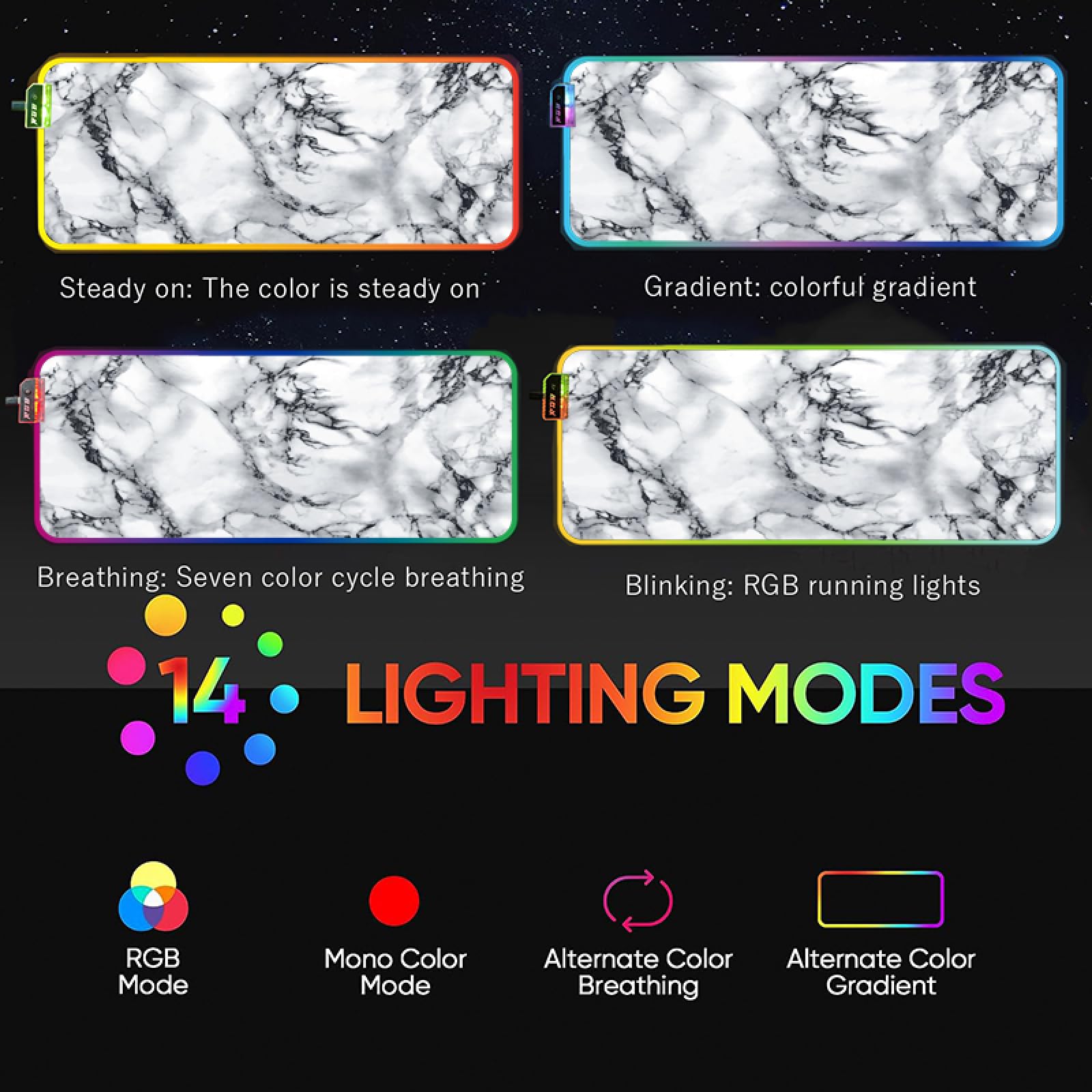Mouse Pads Black White Marble RGB Anime Mouse Pad Large | 14 Light Mode LED  Cartoon Kawaii Mousepad for Gaming | Extra Large Desk Mat for ...