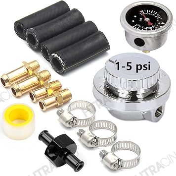 1-5 PSI Fuel Pressure Regulator with Gauge Adjustable Manual Universal for Carburetor Carb Zinc Alloy FPR with 8MM 10MM 5/16" 3/8" Hose Fittings