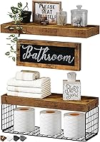 QEEIG Over Toilet Bathroom Shelves - Farmhouse Wall Mounted Floating Shelf Set 2+1 with TP Basket & Decor Sign, 16" Rustic Brown