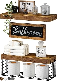 QEEIG Over Toilet Bathroom Shelves - Farmhouse Wall Mounted Floating Shelf Set 2+1 with TP Basket & Decor Sign, 16" Rustic Brown